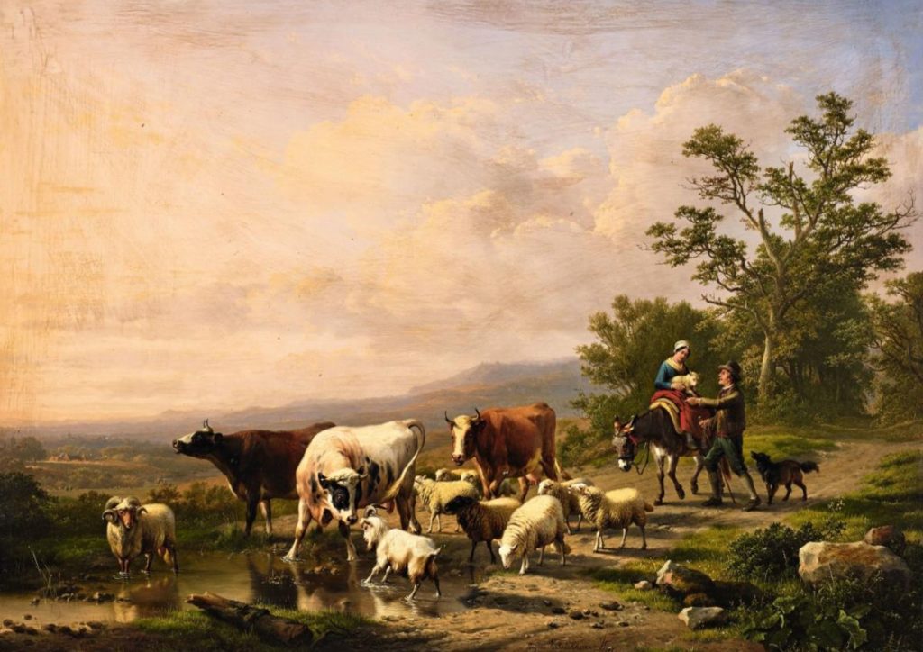 Bergère avec agneau sur un âne, avec soupirant et troupeau