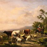 Bergère avec agneau sur un âne, avec soupirant et troupeau