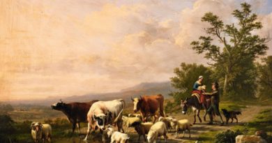 Bergère avec agneau sur un âne, avec soupirant et troupeau