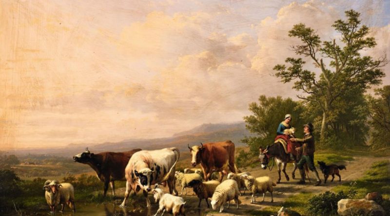 Bergère avec agneau sur un âne, avec soupirant et troupeau