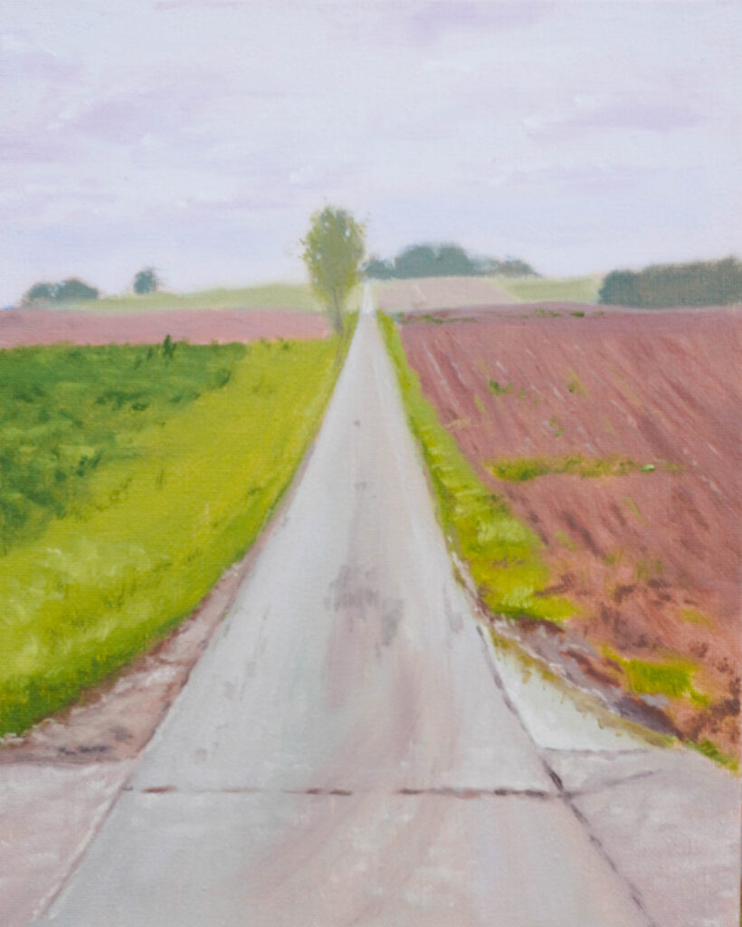 Peinture pleinair champêtre avec une route qui traverse des champs