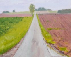 Peinture pleinair champêtre avec une route qui traverse des champs
